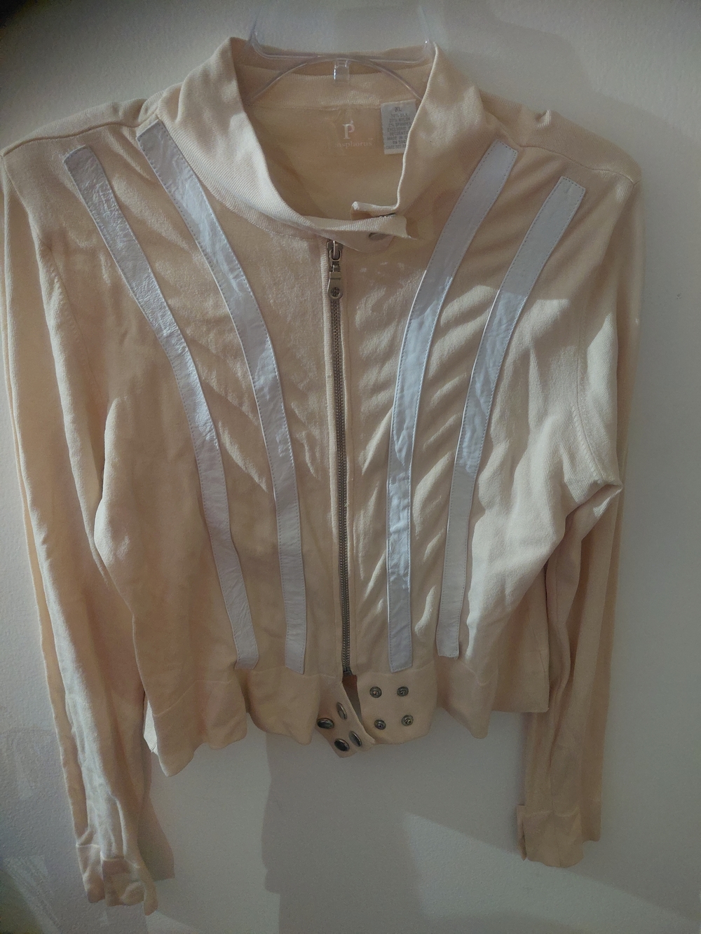 Light Peach Zip-Front Jacket with White Stripe Details